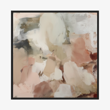 Abstract art print with soft pastel colors in a black frame.