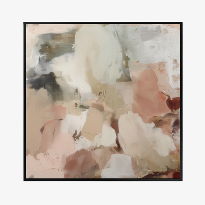 Abstract wall art print with soft colors in a stretched canvas finished with a black float frame on a white background