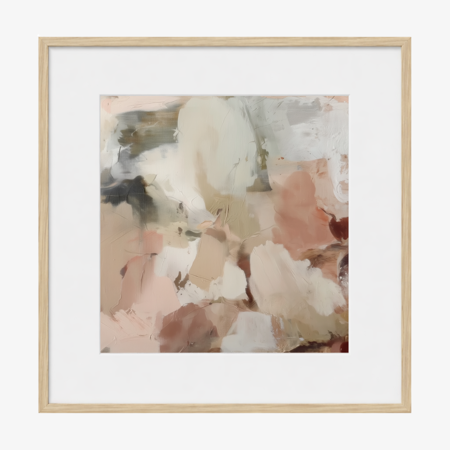 Framed abstract art print with soft pastel colors in a oak timber frame on a white background