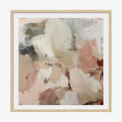 Framed abstract art with soft pastel colors in a oak timber frame on a white background