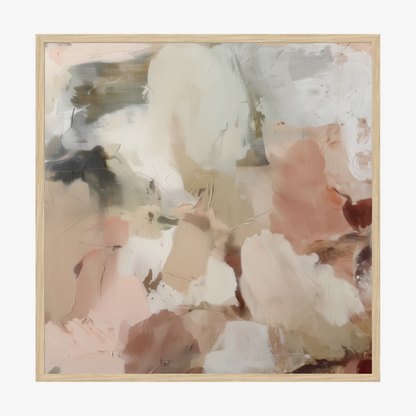 Abstract art piece with soft pastel colors in a wooden frame.