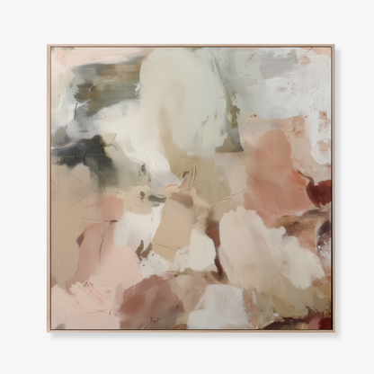 Abstract wall art with soft colors in an oak frame on a white background