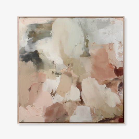 Abstract wall art with soft colors in an oak frame on a white background
