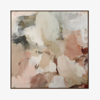 Abstract art work with soft pastel colors printed canvas finished in a walnut float frame on a white background