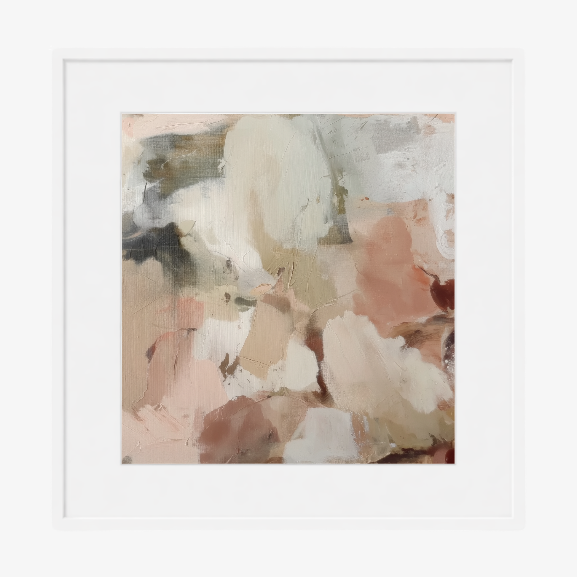 Framed abstract art with soft pink, white, and beige colors in a white frame with white mat board on a white background