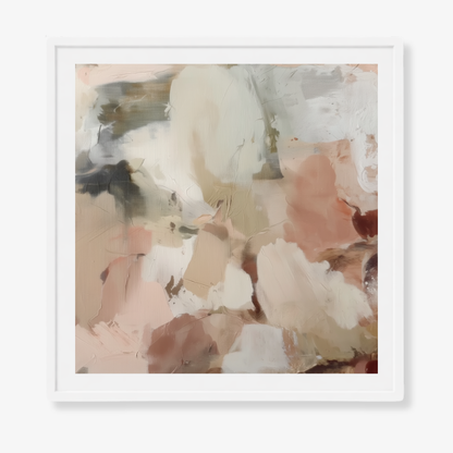 Abstract art print with soft pastel colors in a white frame on a white background