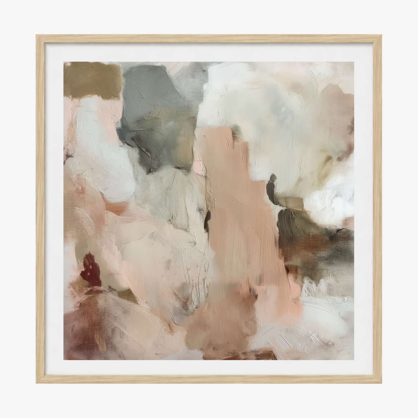 Abstract art print with a gold frame on a white background