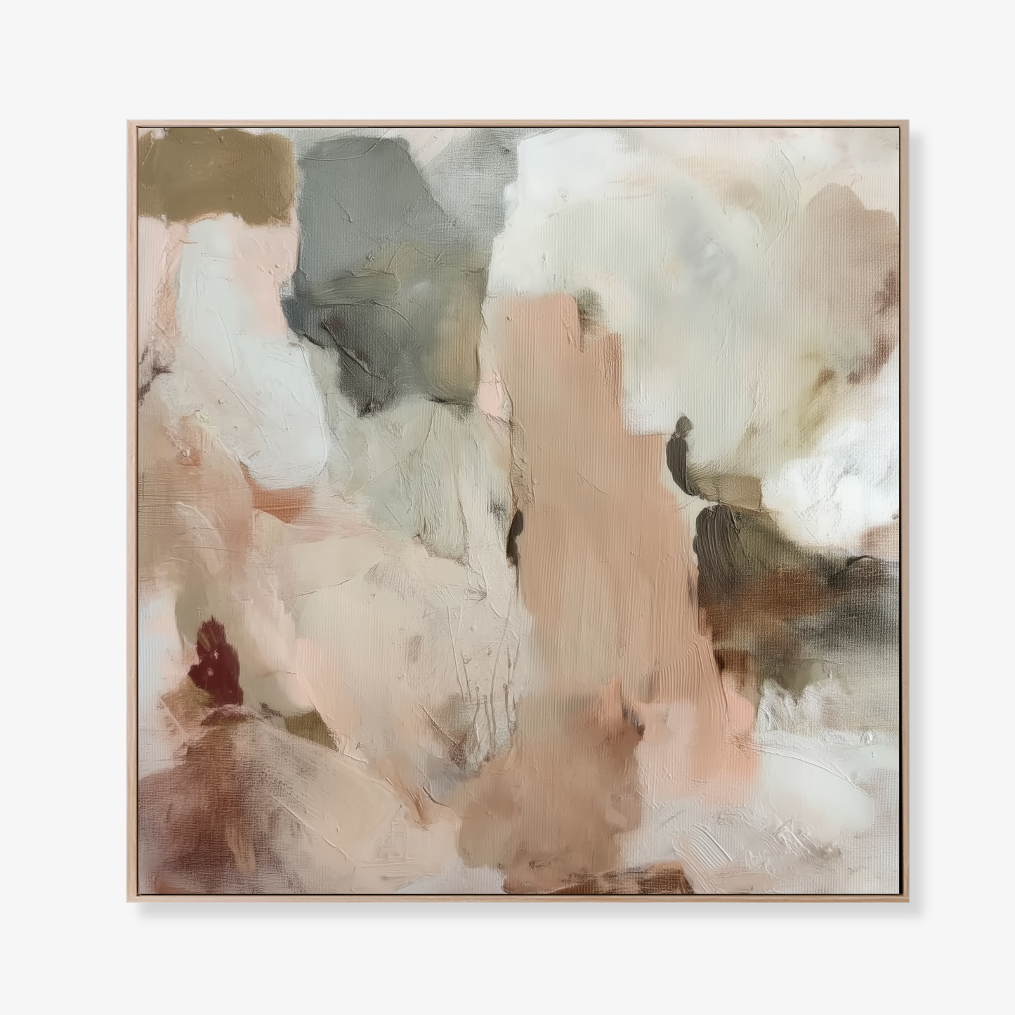 Abstract art piece with soft, pastel colors in a  oak frame on a white background