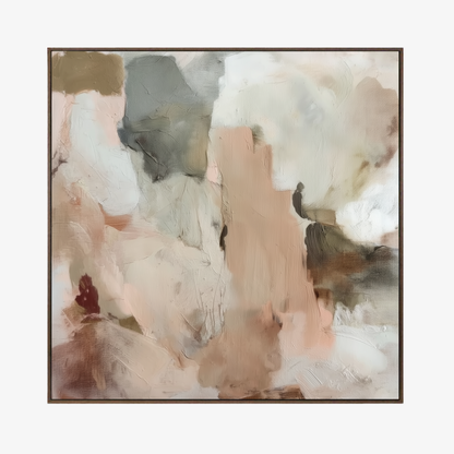 Abstract art painting with soft pastel colors on a white background in a walnut frame