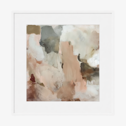 Abstract art print with soft, pastel colors in a white frame.