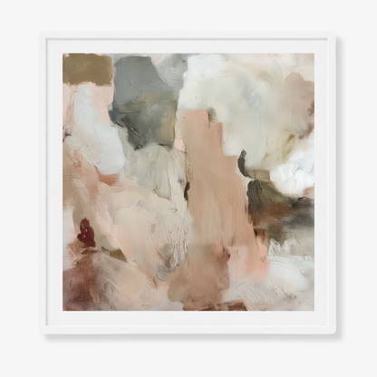 Abstract art print with soft, multicolored brushstrokes in a white frame.