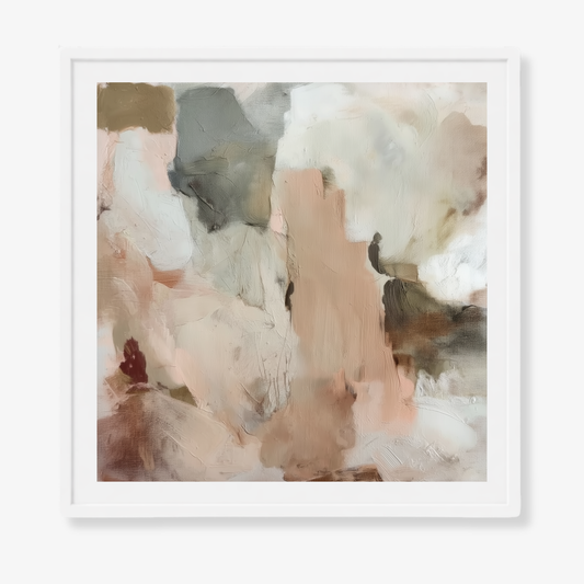 Abstract art print with soft, multicolored brushstrokes in a white frame.