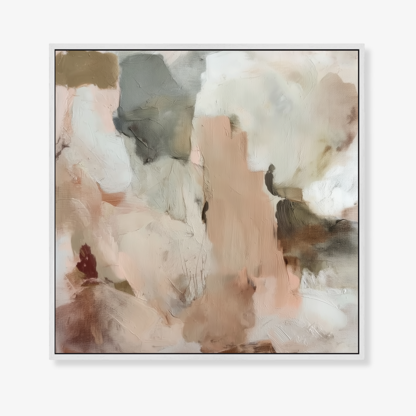 Abstract wall art with soft, blended colors in a white frame on a white background