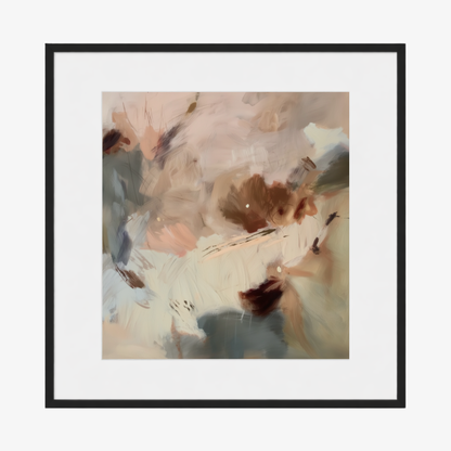 Kindling I warm abstract artwork with blush, cream and deep ember accents with a white mat border and black frame. 