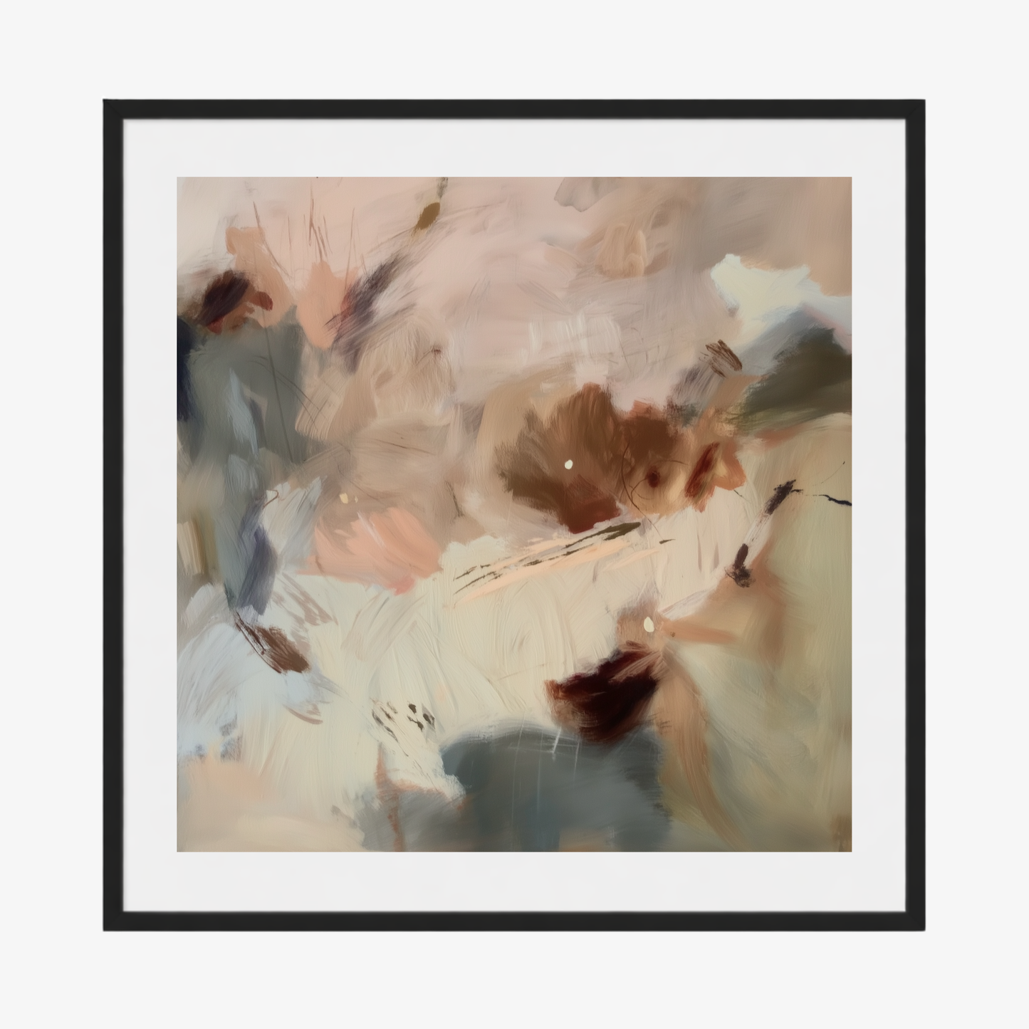 Kindling I is a wall art print  warm abstract with blush, cream and deep ember accents finished in a black frame