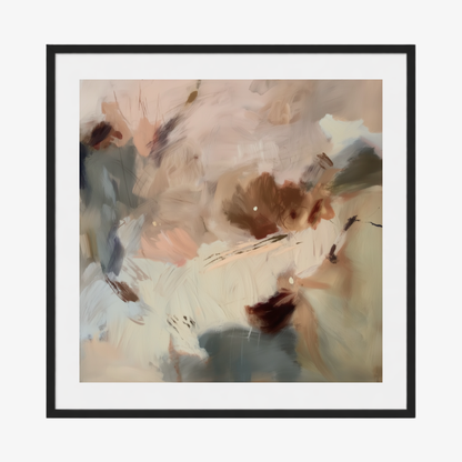 Kindling I is a wall art print  warm abstract with blush, cream and deep ember accents finished in a black frame