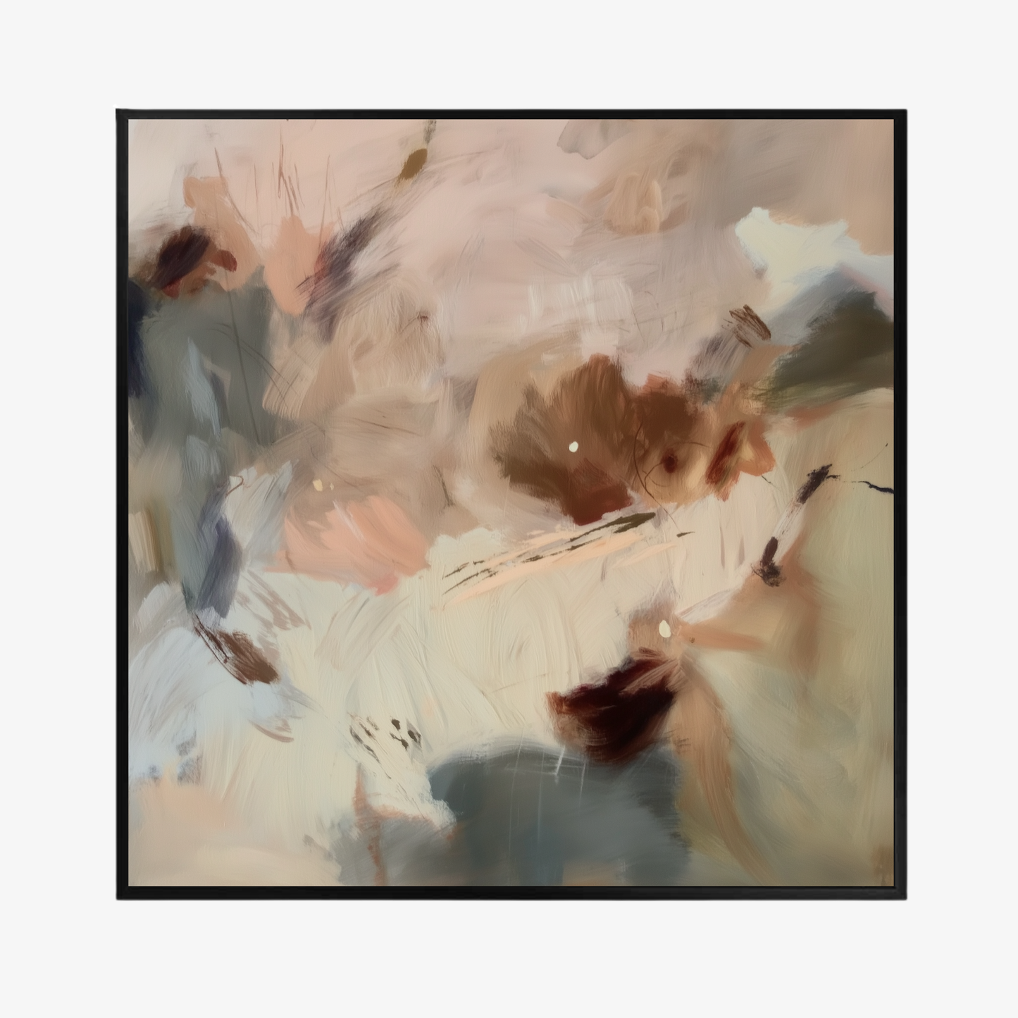 Kindling I warm abstract artwork with blush, cream and deep ember accents canvas with black float frame