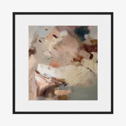 Framed abstract art with soft pastel colors in a black frame on a white background