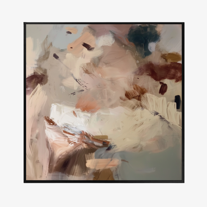 Kindling II textured neutral abstract print with smoky brown and blue-grey tones in a black float frame