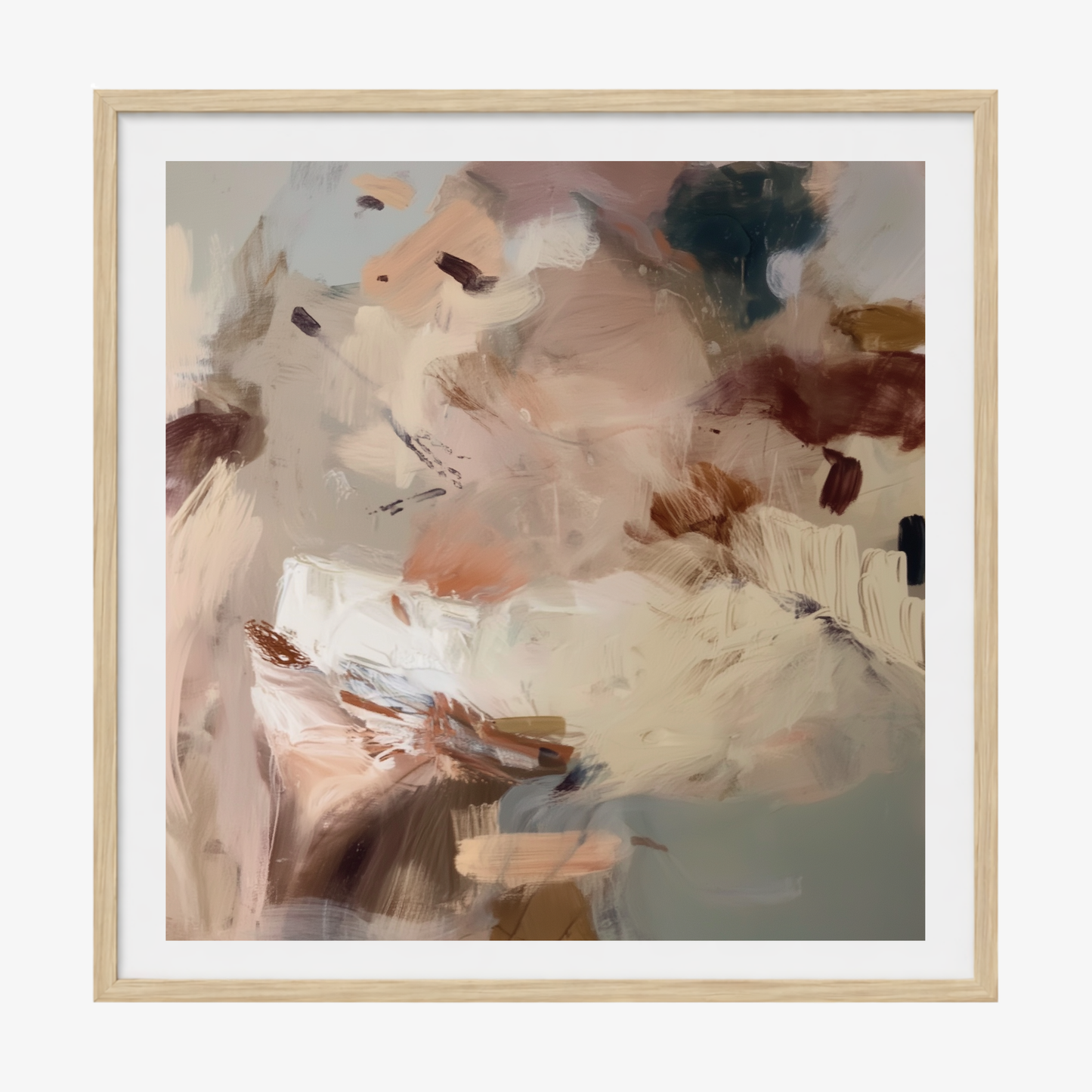 Abstract art print in a oak timber frame on a white background