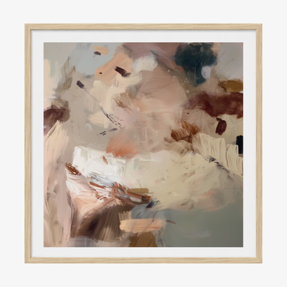Abstract art print in a oak timber frame on a white background