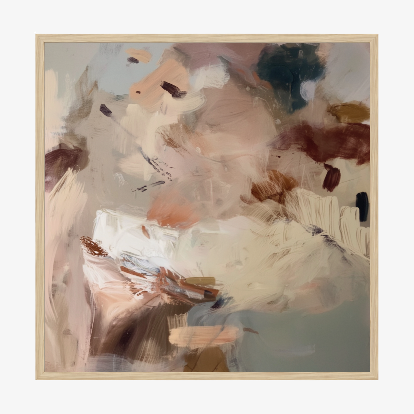 Abstract painting with soft pastel colors in a light wooden frame.