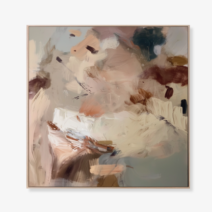 Kindling II textured neutral abstract print with smoky brown and blue-grey tones is a stetched canvas wall art with a oak float frame