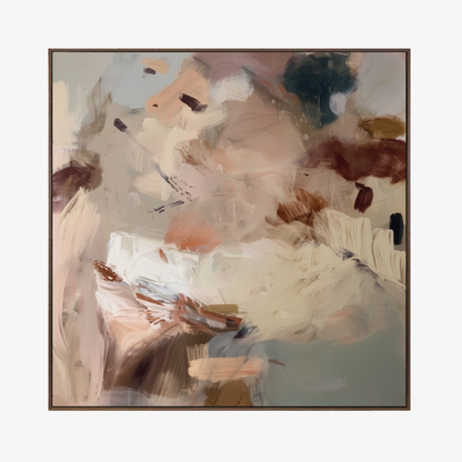 Kindling II textured neutral abstract wall art canvas print with smoky brown and blue-grey tones in a walnut float frame