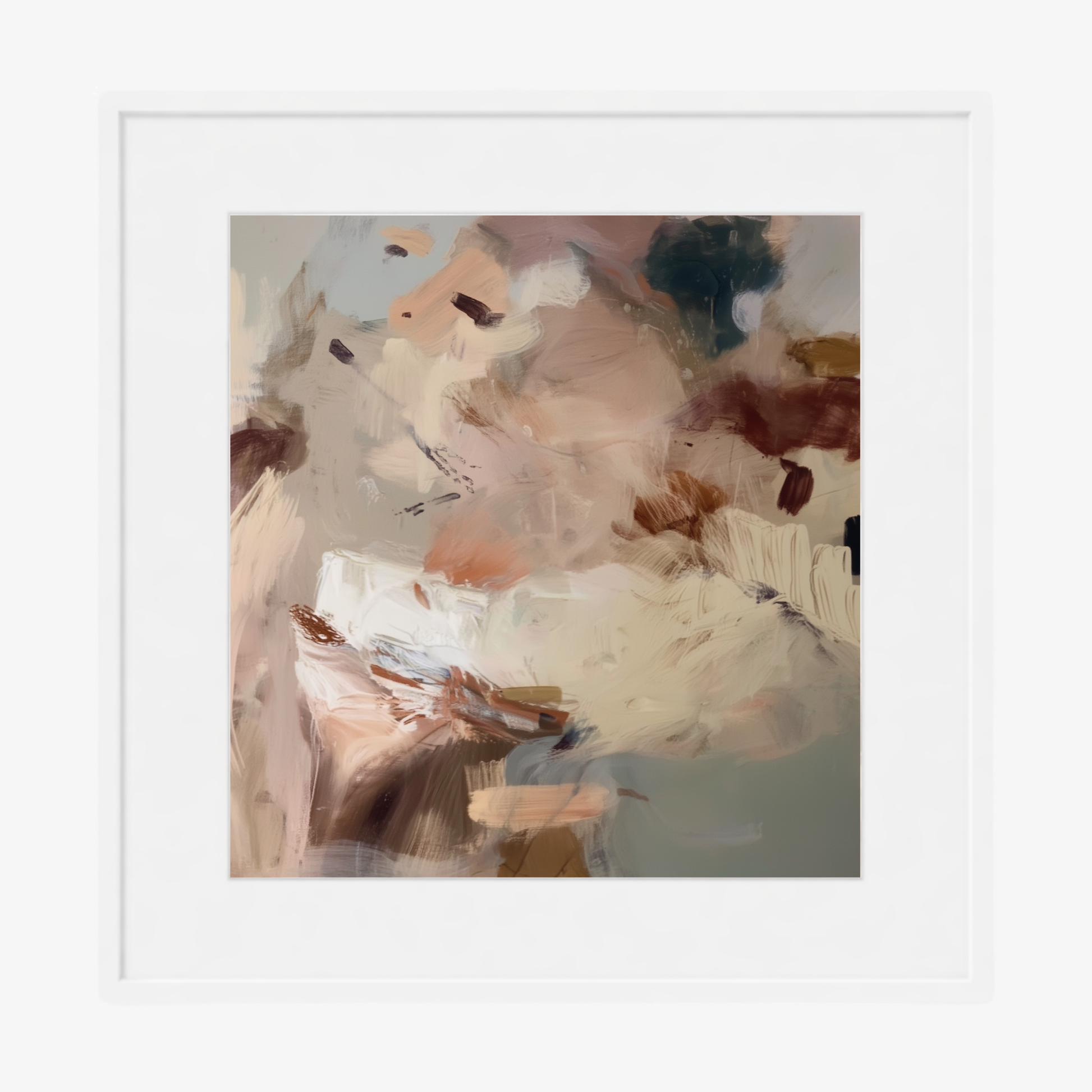 Abstract art print with soft pastel colors in a white frame.