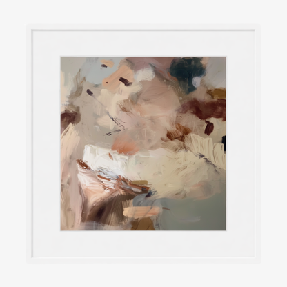 Abstract art print with soft pastel colors in a white frame.