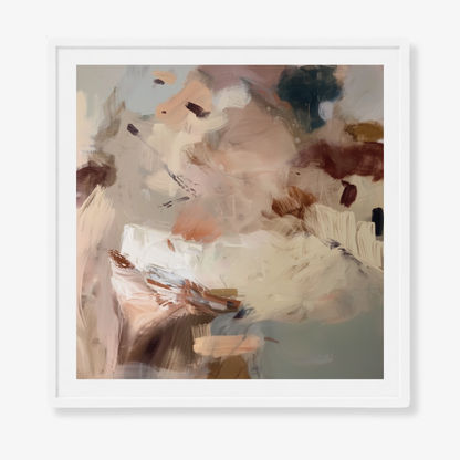 Kindling II  is a wall art print textured neutral abstract with smoky brown and blue-grey tones finished in a white frame