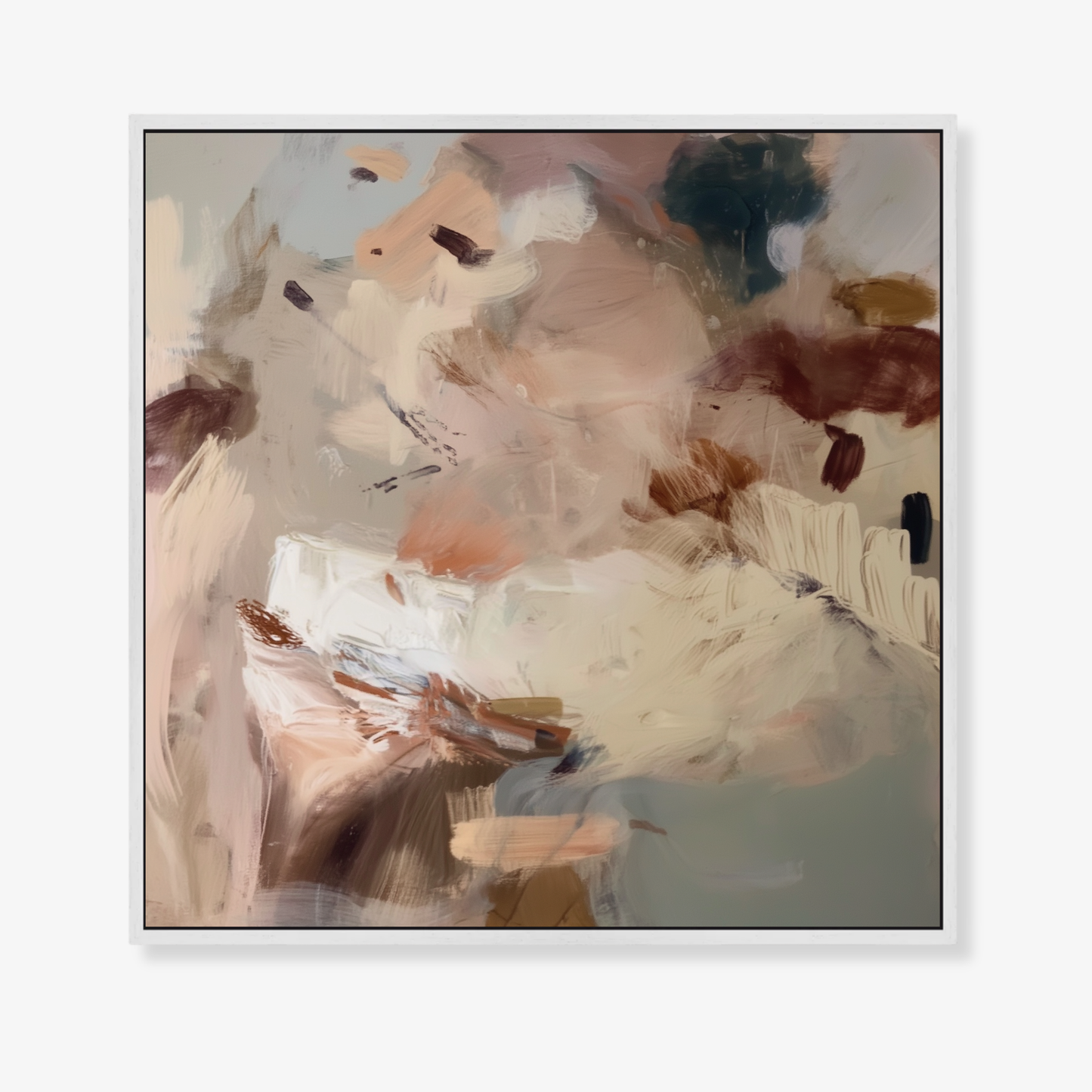 Kindling II wall art canvas print textured neutral abstract  with smoky brown and blue-grey tones in a white frame