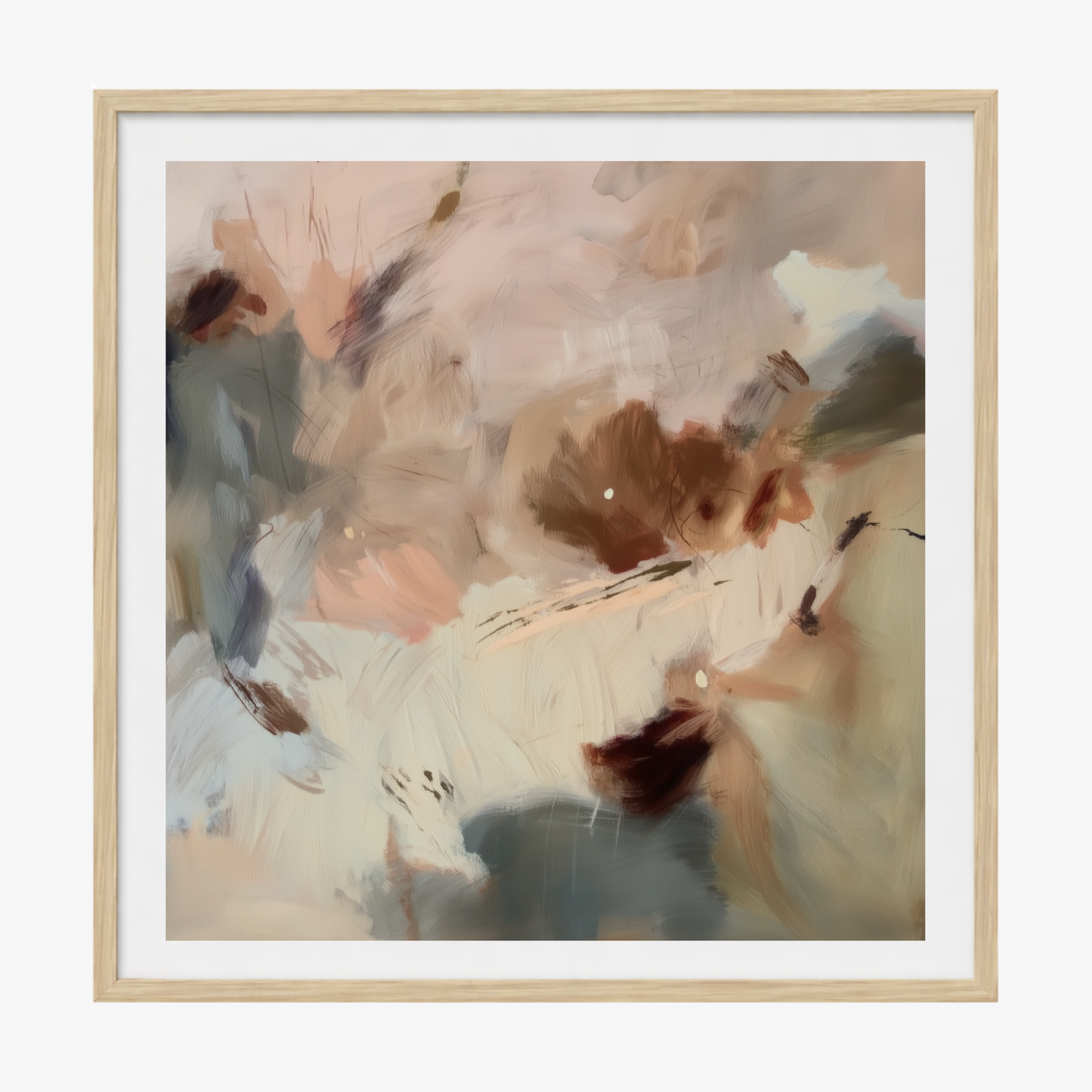 Framed abstract art with soft colors in a oak timber frame on a white background