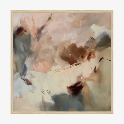 Abstract painting with soft colors and a oak timber frame printed edge toe dge