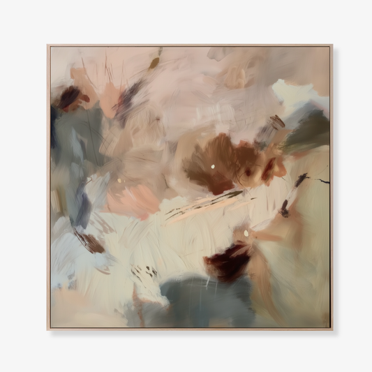 Kindling I warm abstract artwork with blush, cream and deep ember accents in an oak frame