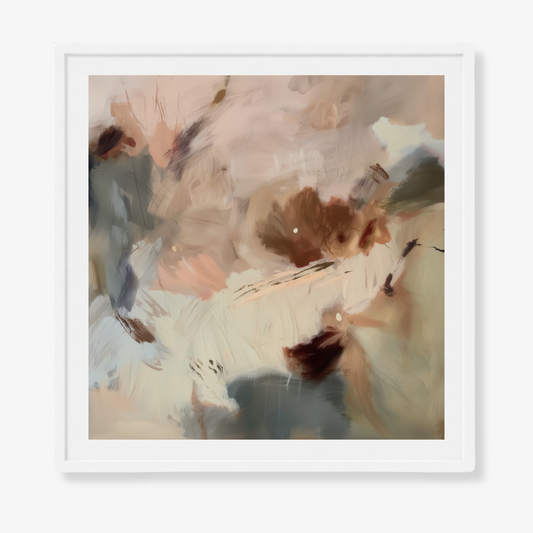 Kindling I is a wall art with warm abstract artwork with blush, cream and deep ember accents framed in a white frame