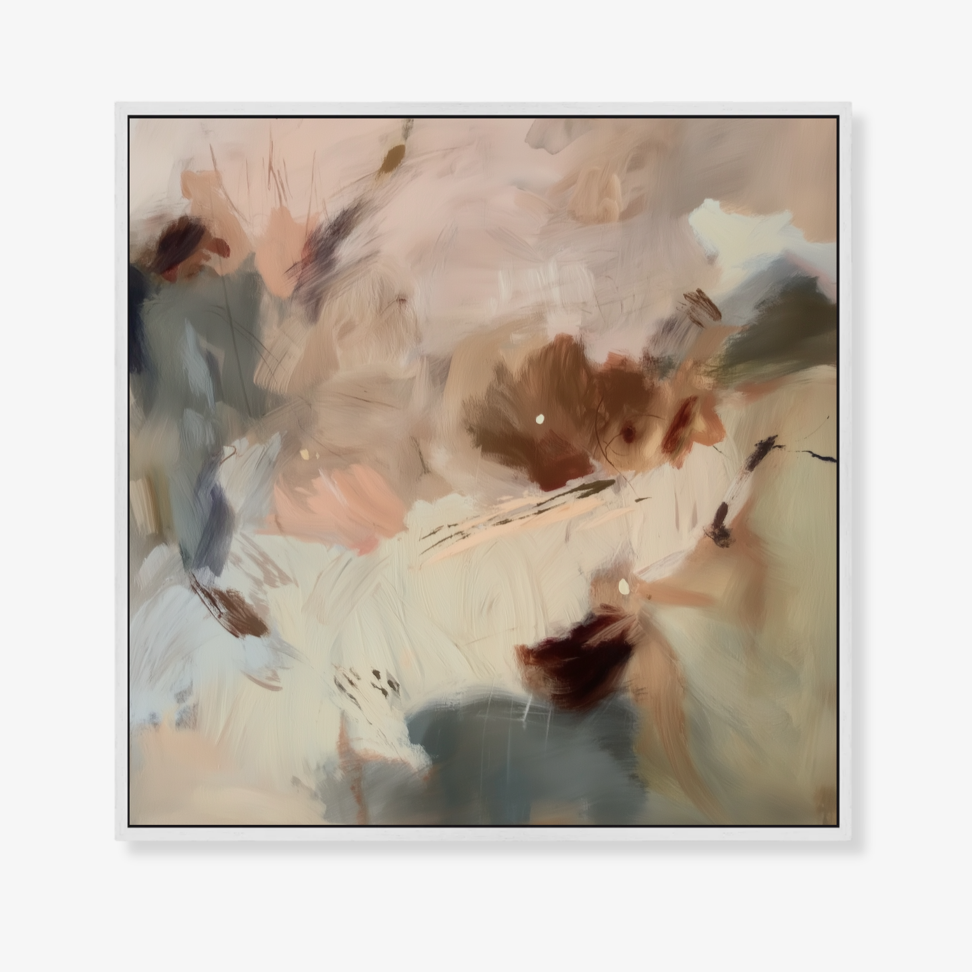 Kindling I wall art is a warm abstract artwork with blush, cream and deep ember accents finished in a white frame
