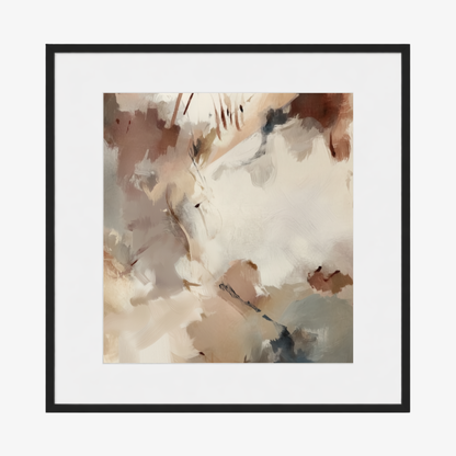 Silt I abstract print in black frame with warm neutral tones with white mat board. 