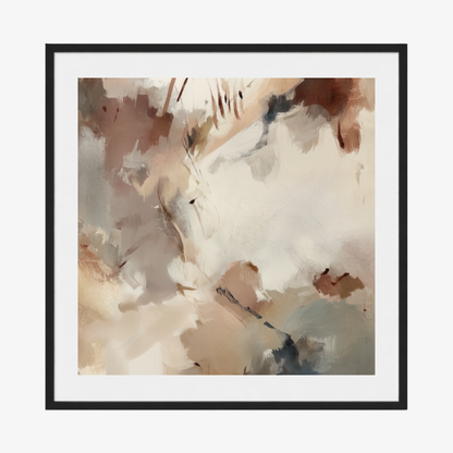 Silt I abstract print in black frame with warm neutral tones with white border. 