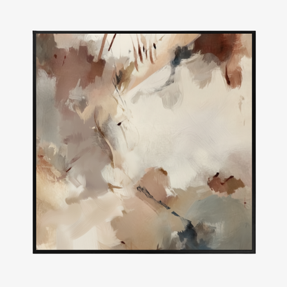 Silt I neutral abstract artwork in ivory, clay and muted blue-grey tones stretched canvas in black frame