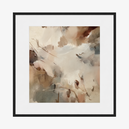 Framed abstract art print with soft beige, brown, and gray tones on a white background