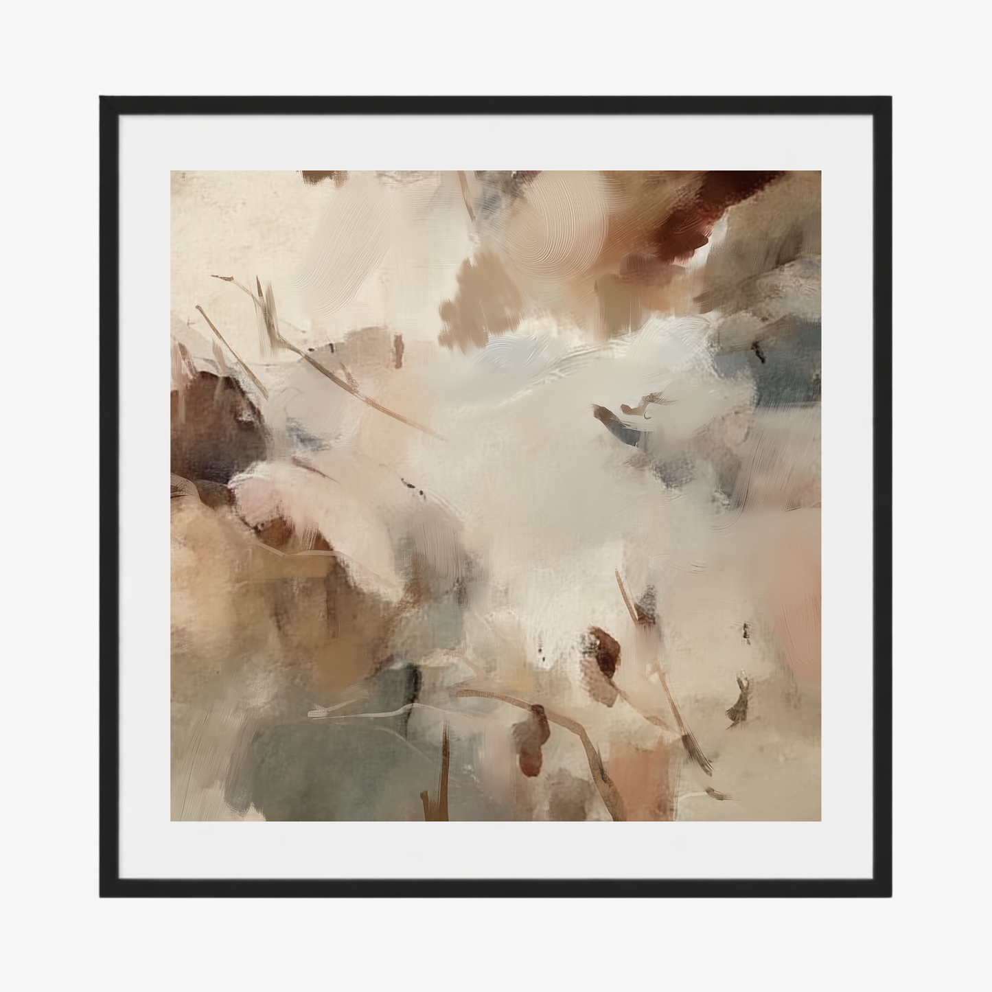 Framed abstract art with soft, pastel colors on a white background
