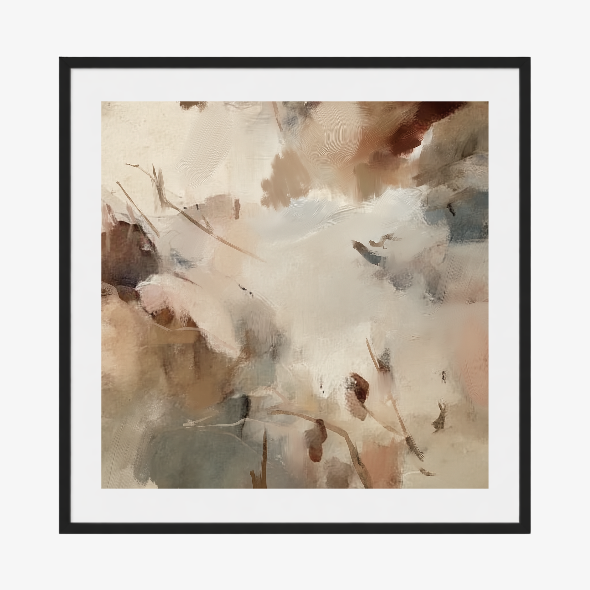 Framed abstract art with soft, pastel colors on a white background