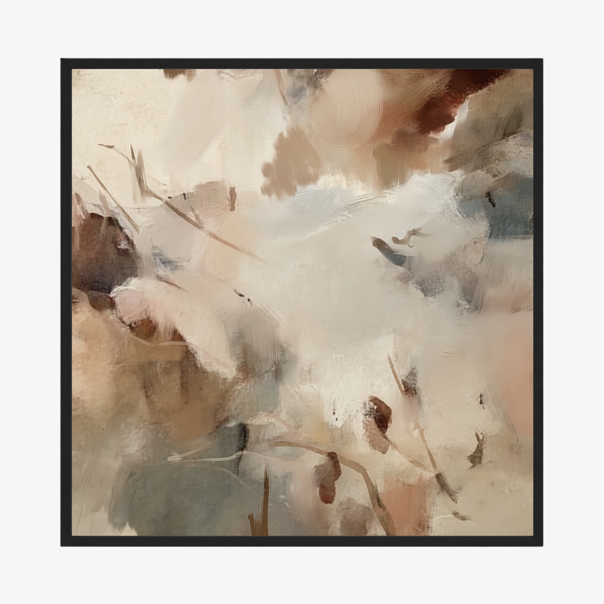 Abstract art print with soft beige, brown, and blue tones on a white background
