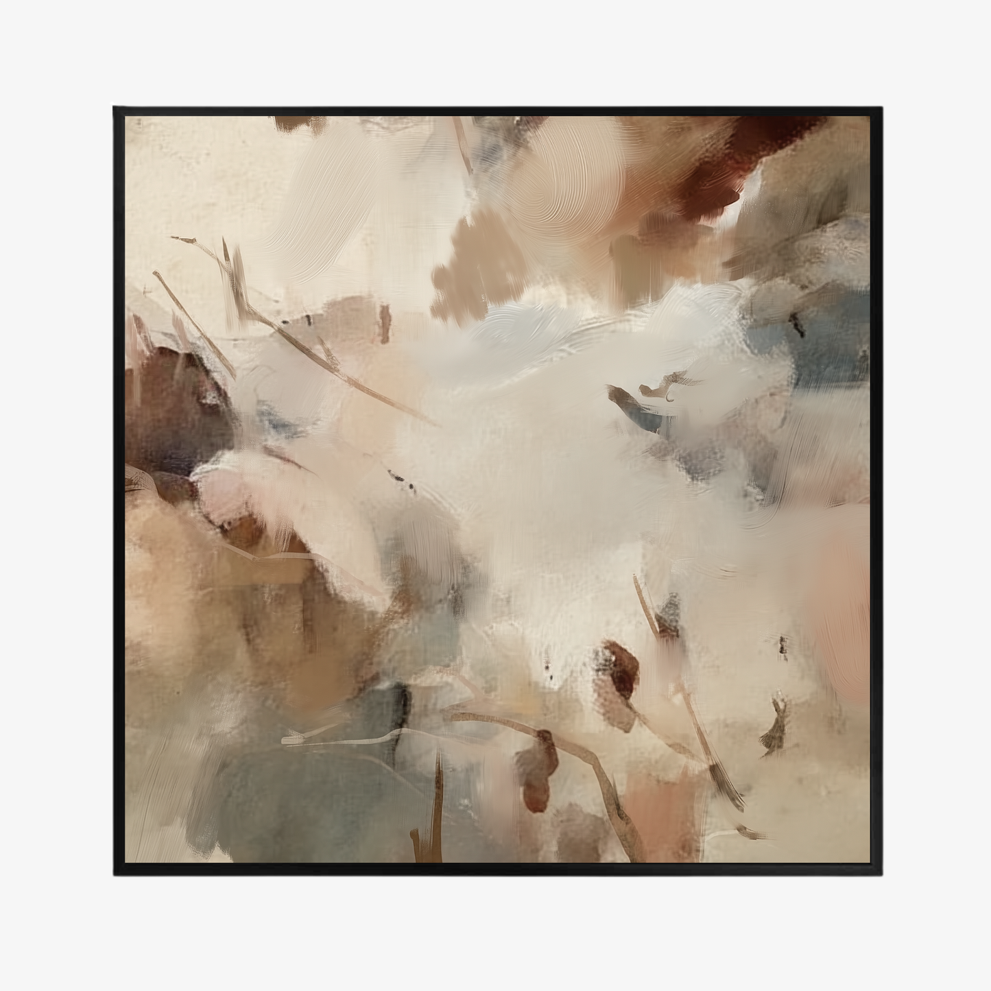 Abstract art print with brown, beige, and white colors in a black frame on a white background