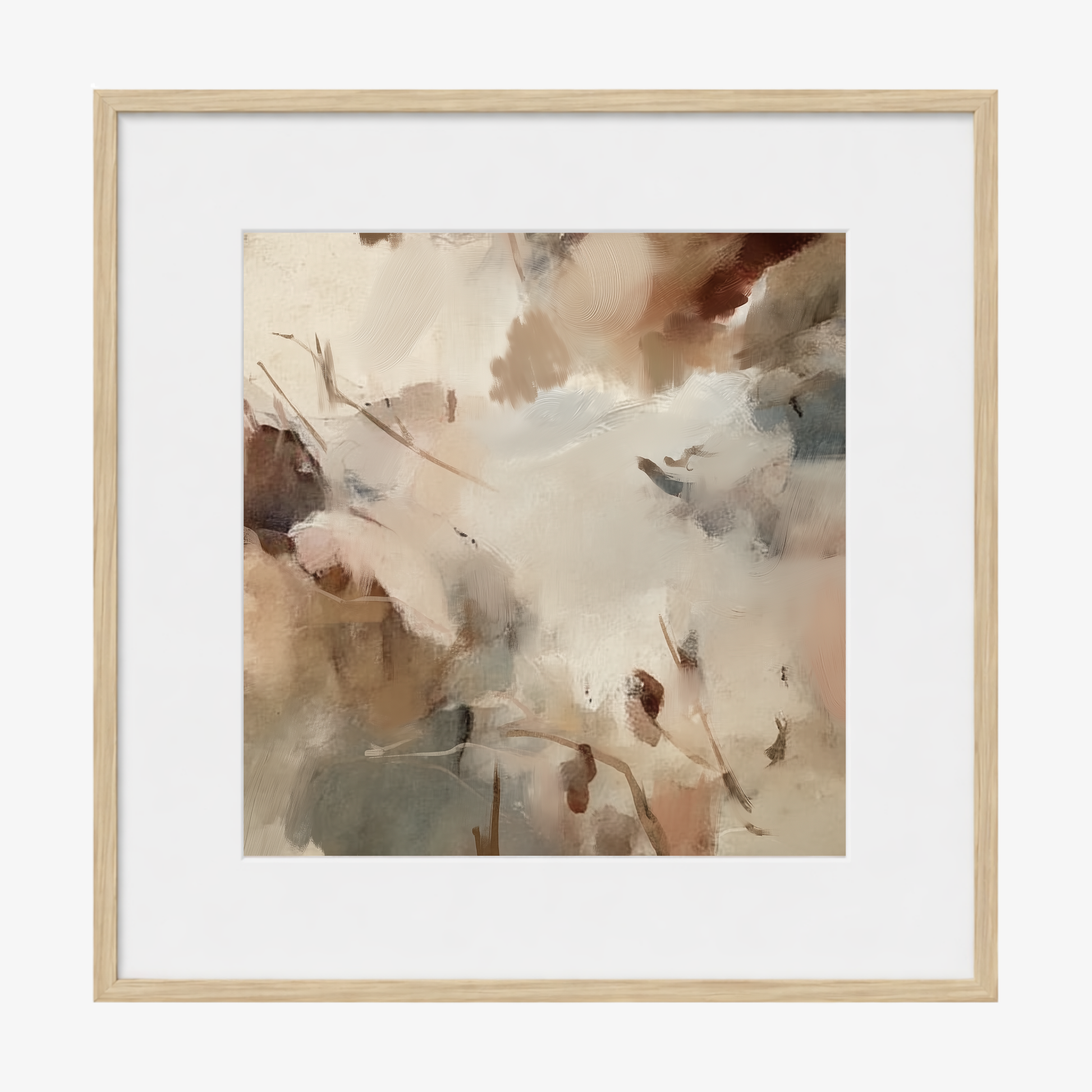 Framed abstract art print with soft, multicolored brushstrokes on a white background