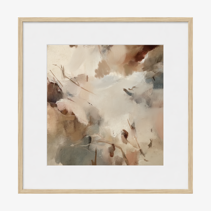 Framed abstract art print with soft, multicolored brushstrokes on a white background