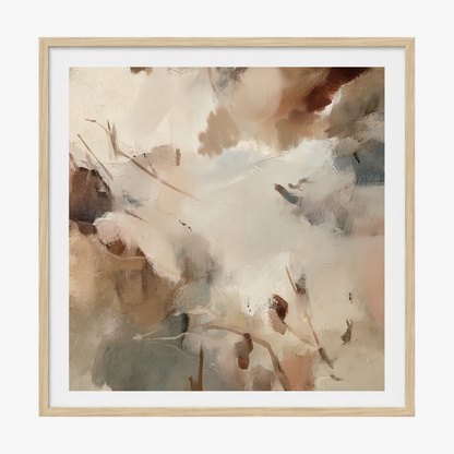 Abstract art print with soft colors in a wooden frame on a white background