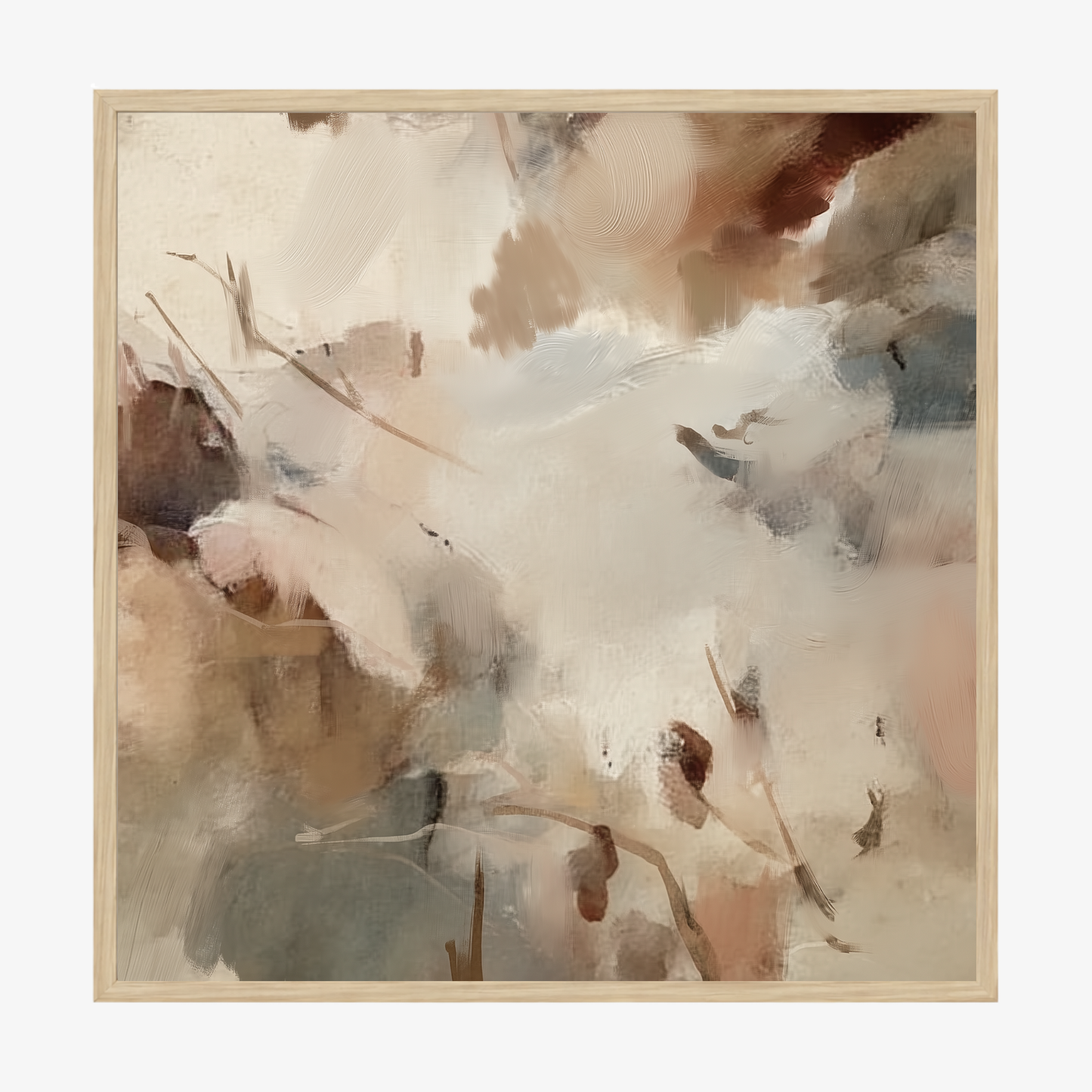 Abstract art piece with soft, pastel colors in a wooden frame.