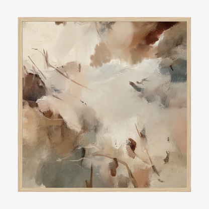 Abstract art piece with soft, pastel colors in a wooden frame.